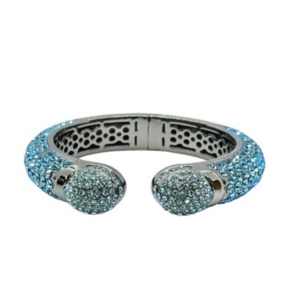Joan Boyce Aqua Blue Pave Crystal “Kissable" Silver Cuff Bracelet - Picture 2 of 8